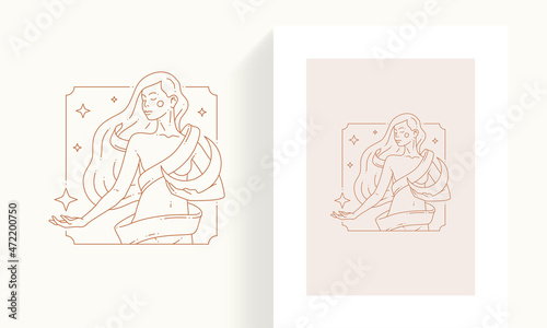 Esoteric mythic female naked body long hair carrying stars half moon abstract decorative frame set