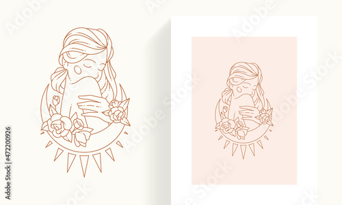 Art deco romantic female portrait hugging herself with half moon rose flower thorn minimalist logo