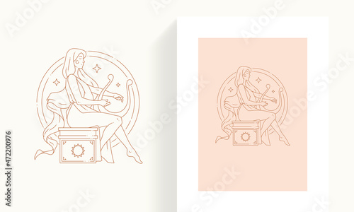 Antique woman goddess playing harp melody at abstract stars circle frame minimalist icon card