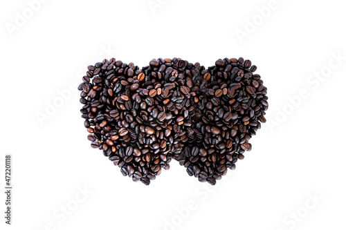 Coffee beans in heart shape white background isolated