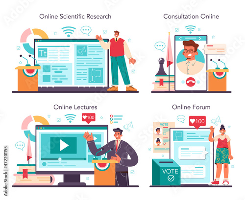Political scientist online service or platform set. Studying of political ideas