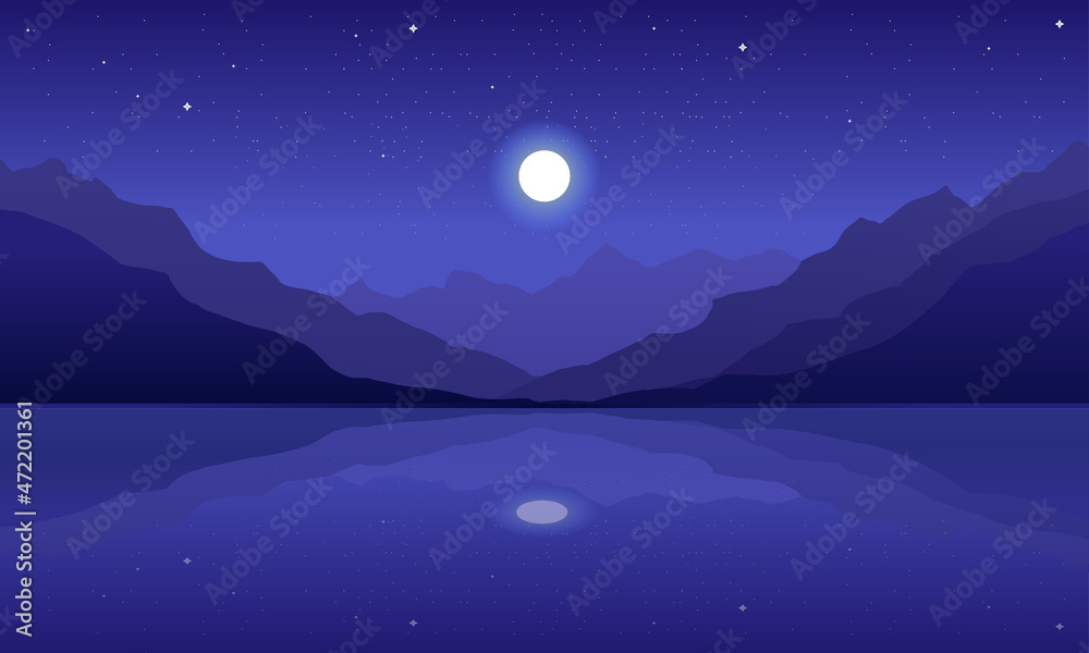 Incredible mountain landscape. Lake with blue water. Night sky with moon and stars reflection in water view. Vector illustration. 