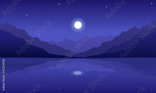 Incredible mountain landscape. Lake with blue water. Night sky with moon and stars reflection in water view. Vector illustration. 