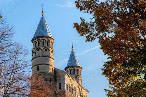 Tower buildings of the Basilica of Our Lady in Autumn, Onze-Lieve-Vrouwebasiliek is a renowned Roman catholic basilica in Maastricht with a miraculous statue of our lady, The capital city of Limburg.