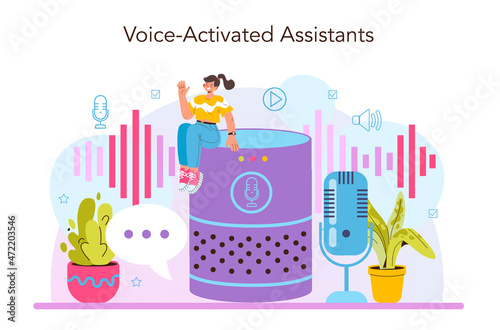 Voice activated assistant. Modern smart home device. Automation system,