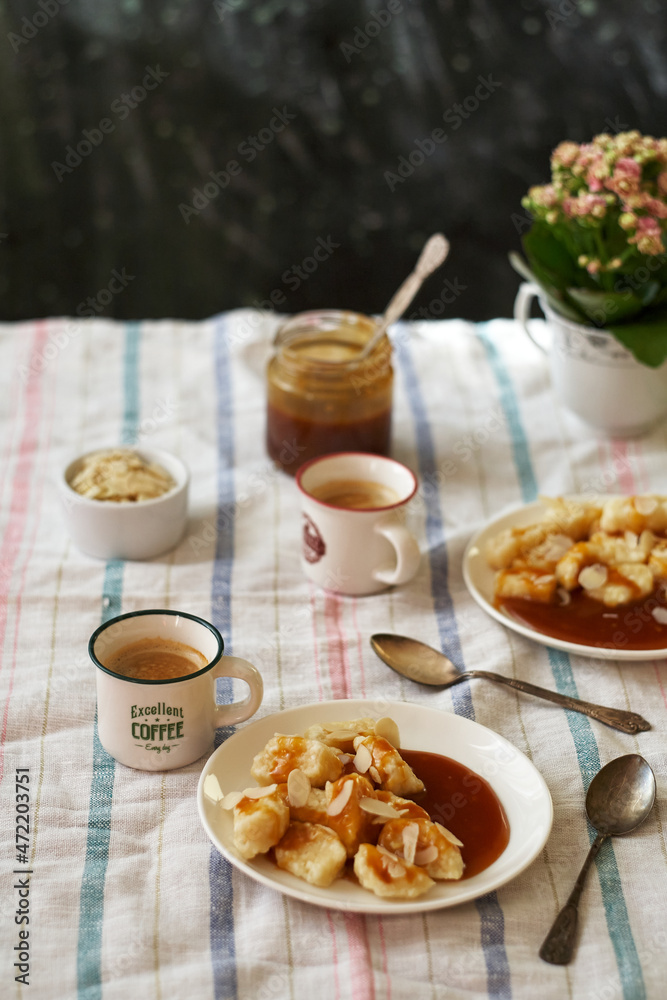 lazy curd dumplings and caramel. Gnocchi	
