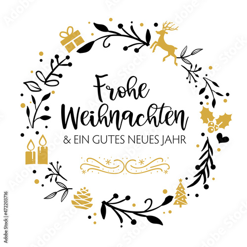 Weihnachtsgrüße mit weihnachtlich geschmücktem Kranz - Frohe Weihnachten und ein gutes neues Jahr