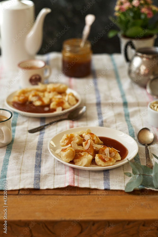 lazy curd dumplings and caramel. Gnocchi	
