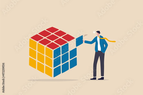 Solving difficult problem skill, critical thinking for business solution, answer challenge question or issue, creativity for success concept, smart businessman easily solving last difficult puzzle.
