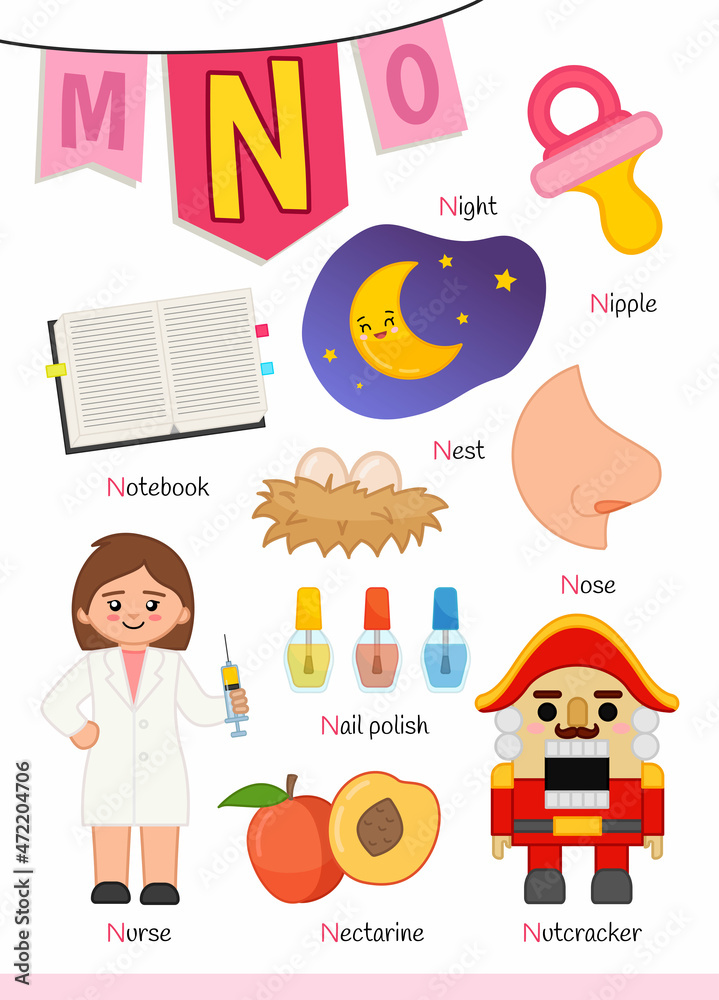 English alphabet with cartoon cute children illustrations. Kids learning material. Letter N. Illustrations nurse, nectarine, nutcracker, notepad, night.
