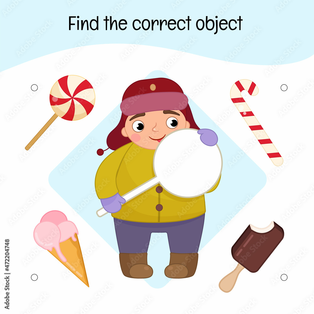 Educational game for children. Find the correct object. Kids activity with cute boy with lollipop. Educational game for children. Find the correct object. Kids activity with cute boy with lollipop.