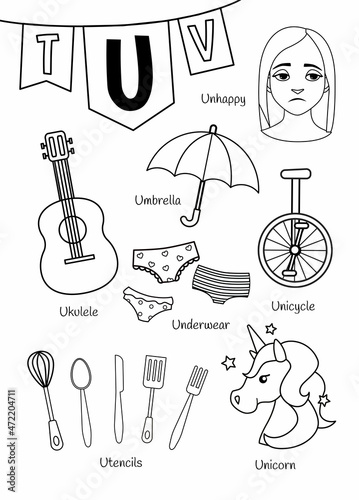 English alphabet with cartoon cute children illustrations. Kids learning material. Letter U. Illustrations ukulele, underwear, unicorn, umbrella. Outline collection.
