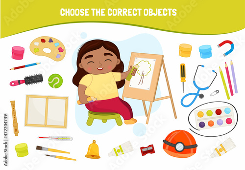 Educational game for children. Cartoon cute girl. Choose the correct objects. Cute girl draws on easel.