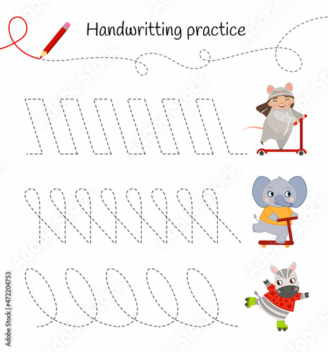 Handwriting practice sheet. Basic writing. Educational game for children. Illustration of a girl, an elephant and a zebra are skating.
