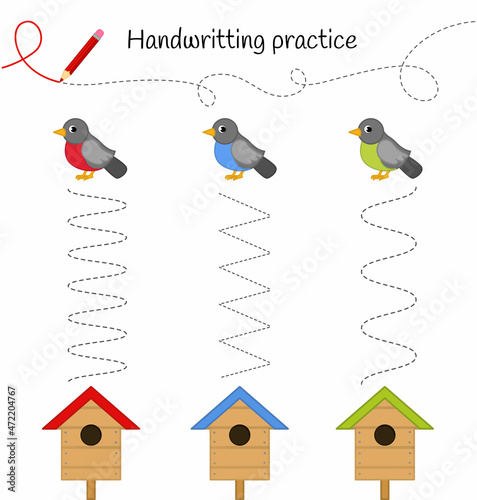Handwriting practice sheet. Basic writing. Educational game for children. Help the birds get to the house.