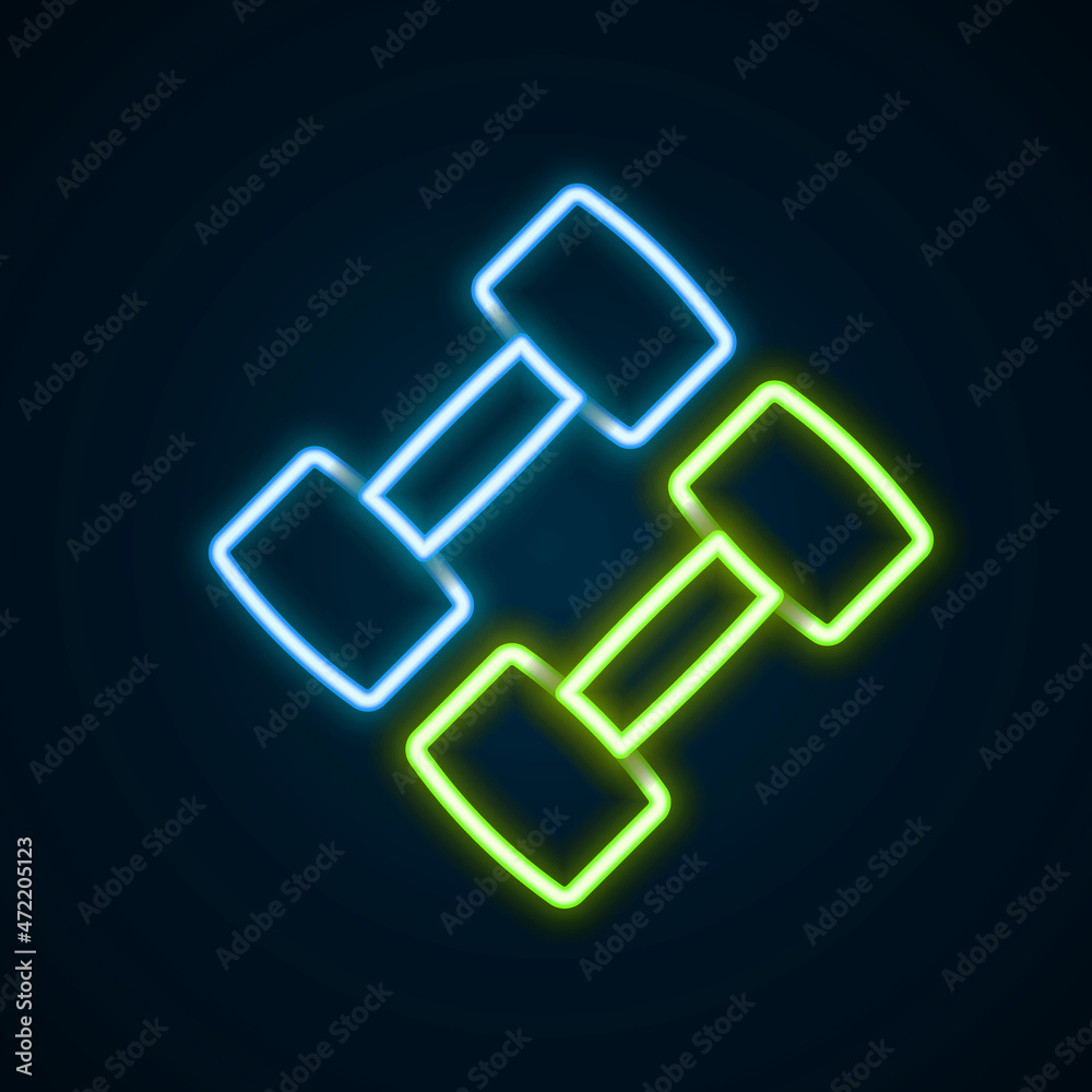 Glowing neon line Dumbbell icon isolated on black background. Muscle lifting, fitness barbell, sports equipment. Colorful outline concept. Vector Glowing neon line Dumbbell icon isolated on black background. Muscle lifting, fitness barbell, sports equipment. Colorful outline concept. Vector