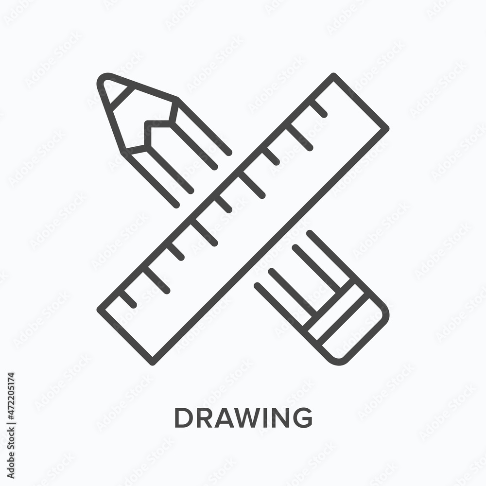Drawing flat line icon. Vector outline illustration of pencil and ruler. Black thin linear pictogram for school instrument Drawing flat line icon. Vector outline illustration of pencil and ruler. Black thin linear pictogram for school instrument