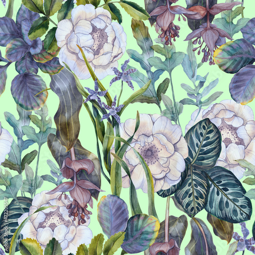 Tropical floral seamless pattern. Background with white roses  orchids and green exotic leaves