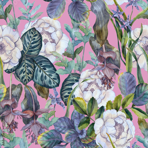 Tropical floral seamless pattern. Background with white roses, orchids and green exotic leaves