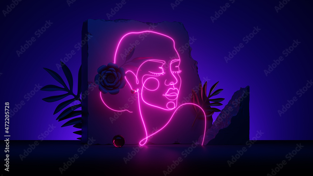 3d render. Abstract woman portrait glowing with pink neon light over ...