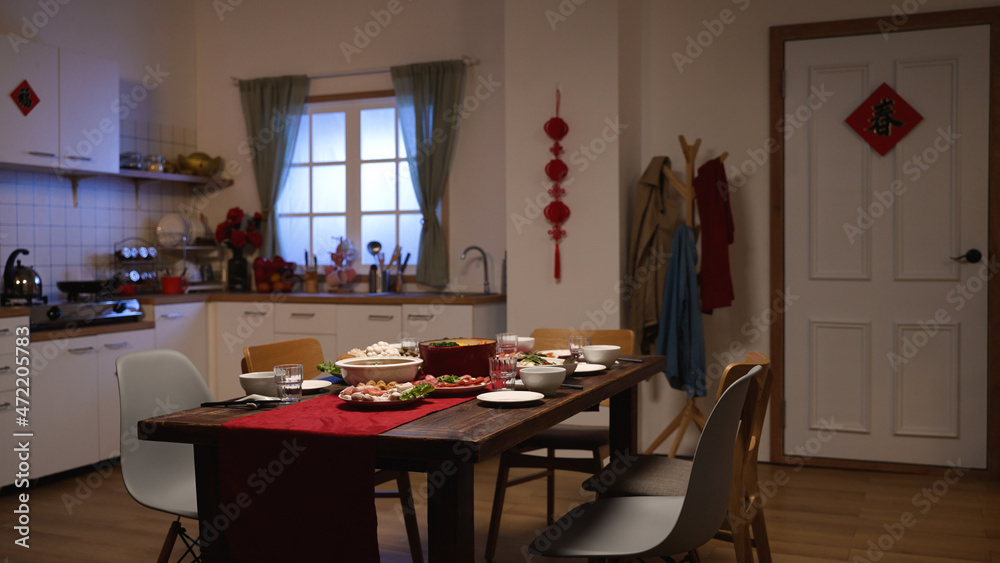 interior of a dining room with reunion dinner and festive ...