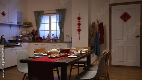 interior of a dining room with reunion dinner and festive decoration in celebration of lunar new year at home. chinese character on door meaning    spring.   