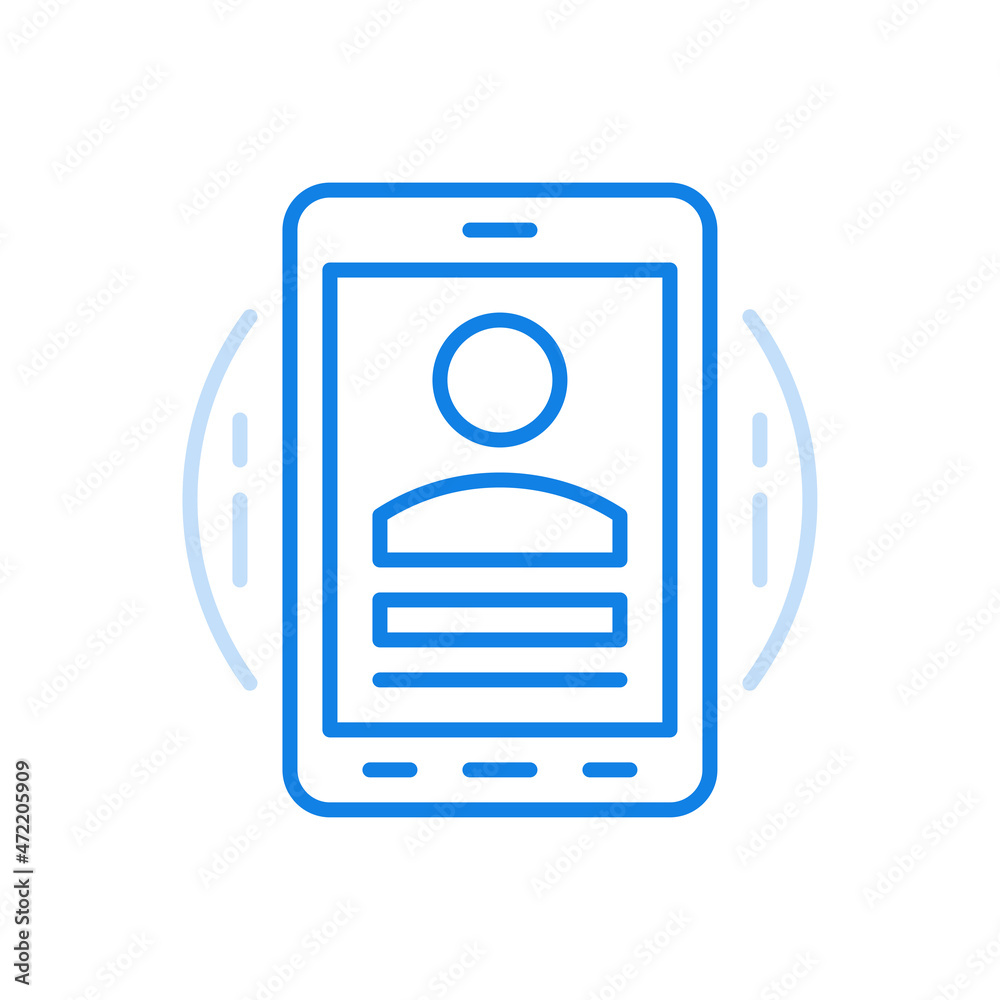 Video call by smartphone vector line icon. Quick online call screen photo of character with data on gadget panel. Video call by smartphone vector line icon. Quick online call screen photo of character with data on gadget panel.