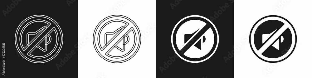Set Speaker mute icon isolated on black and white background. No sound icon. Volume Off symbol. Vector Set Speaker mute icon isolated on black and white background. No sound icon. Volume Off symbol. Vector