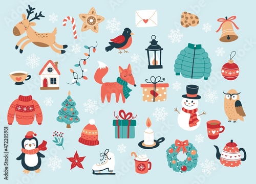 Christmas and New Year collection of cute animals and seasonal elements. Hand drawn vector illustration