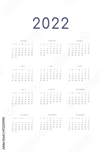 2022 calendar template individual planner in minimalist classic style. Week starts on sunday