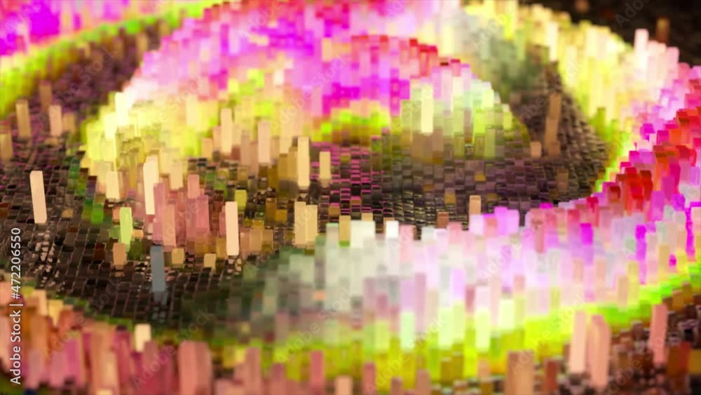 Abstract wave surface consisting of blocks moves in a random chaotic order. Pink yellow color. 3d animation of seamless loop