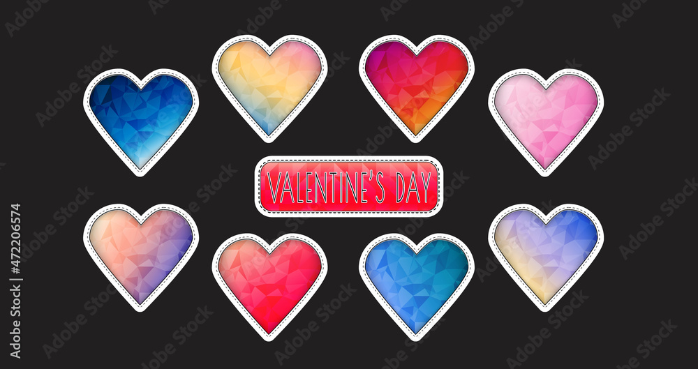 valentine's day stickers collection hearts in low poly mosaic triangle style