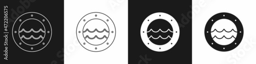 Set Ship porthole with rivets and seascape outside icon isolated on black and white background. Vector