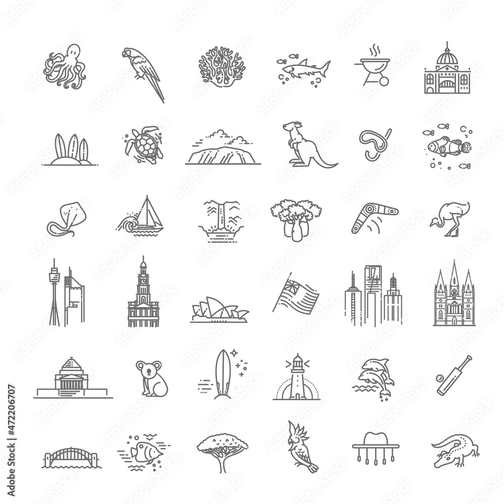 Vector graphic set. Australian culture, animals, traditions. Sign, element, emblem, symbol