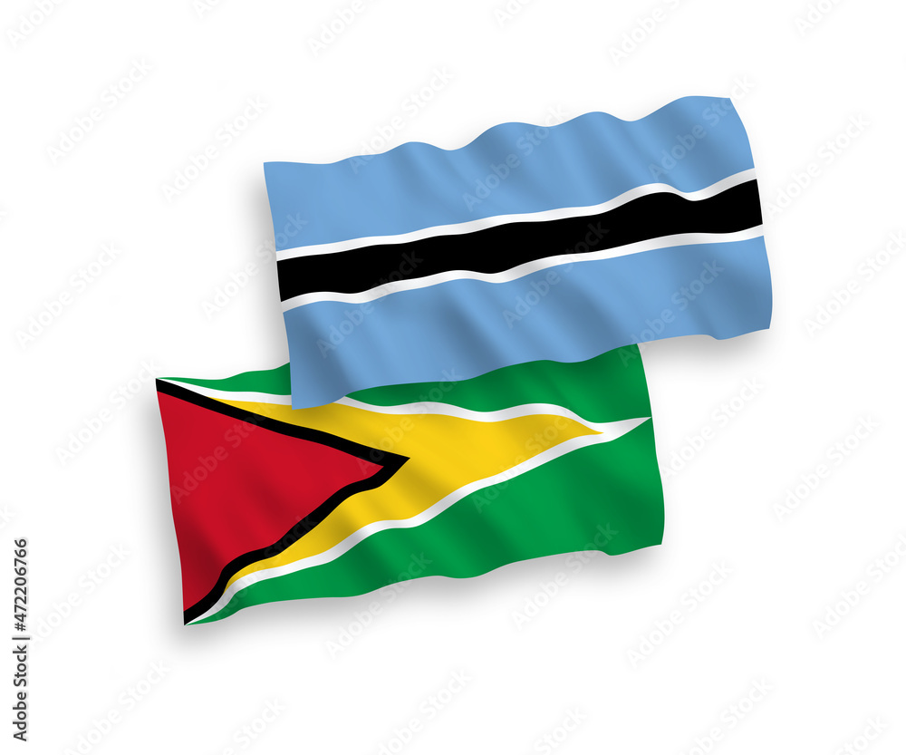 Obraz premium National vector fabric wave flags of Co-operative Republic of Guyana and Botswana isolated on white background. 1 to 2 proportion.