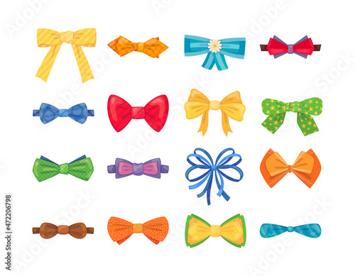 Fashion tie bow accessories cartoon with tied ribbons set for Christmas invitation.