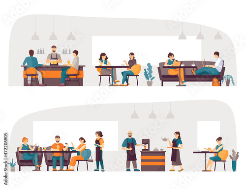 Waitresses serving people relaxing in bar cafe