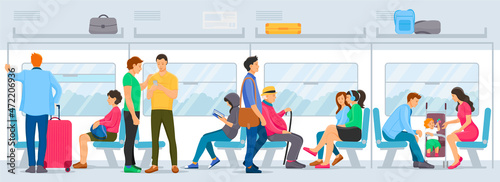 People sitting and standing inside subway transport metro.