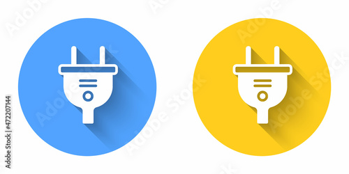 White Electric plug icon isolated with long shadow background. Concept of connection and disconnection of the electricity. Circle button. Vector
