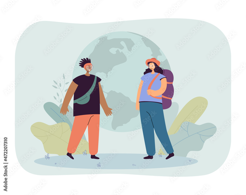 Female travelers from different countries in front of globe. Women of different cultures flat vector illustration. Traveling, tourism, global communication concept for banner or landing web page Female travelers from different countries in front of globe. Women of different cultures flat vector illustration. Traveling, tourism, global communication concept for banner or landing web page