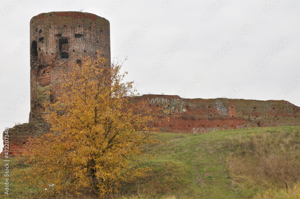 Castle ruins in Koło. Destroyed towers and defensive walls made of red brick on the bank of the Warta River.