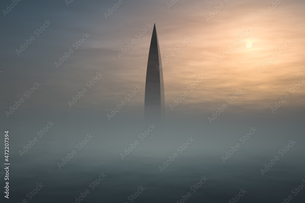 Fototapeta premium Tall lonely skyscraper sticking out of the fog