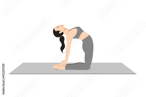 Camel Pose, Beautiful girl practice Ustrasana. Young attractive woman practicing yoga exercise. working out, black wearing sportswear, grey pants and top, indoor full length, calmness and relax. photo