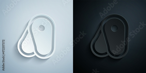 Paper cut Steak meat icon isolated on grey and black background. Paper art style. Vector