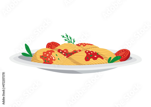 Spaghetti on plate with bolognese sauce, green leaves and tomatoes. Spaghetti dishes isolated on white. Traditional italian cuisine, wheat flour product