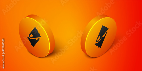Isometric Rubber flippers for swimming icon isolated on orange background. Diving equipment. Extreme sport. Diving underwater equipment. Orange circle button. Vector