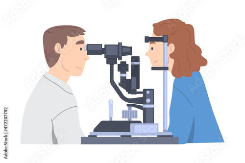 Ophthalmology and Eye Examination with Man Health Care Professional Screening Patient on Slit Lamp Vector Illustration
