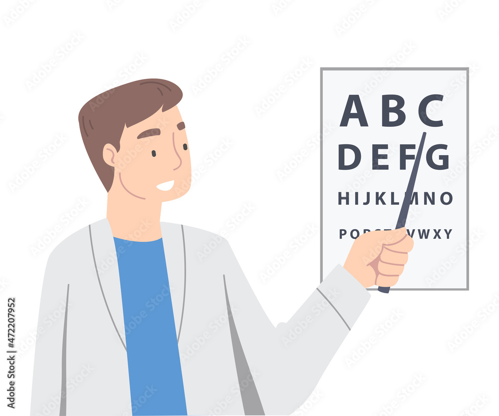 Ophthalmology with Man Health Care Professional Pointing to Optotype Vector Illustration Ophthalmology with Man Health Care Professional Pointing to Optotype Vector Illustration