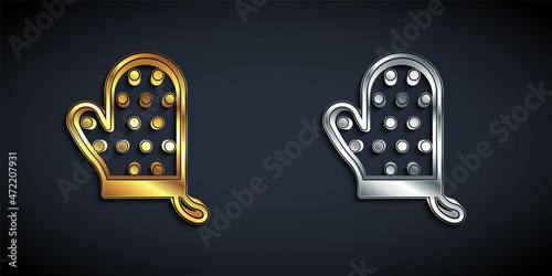 Gold and silver Oven glove icon isolated on black background. Kitchen potholder sign. Cooking glove. Long shadow style. Vector