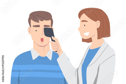 Ophthalmology with Woman Health Care Professional Covering Patient Eye Vector Illustration